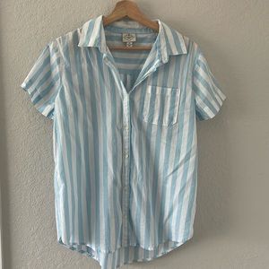 Blue Stripe Short Sleeved Button Down Shirt Size M Tall